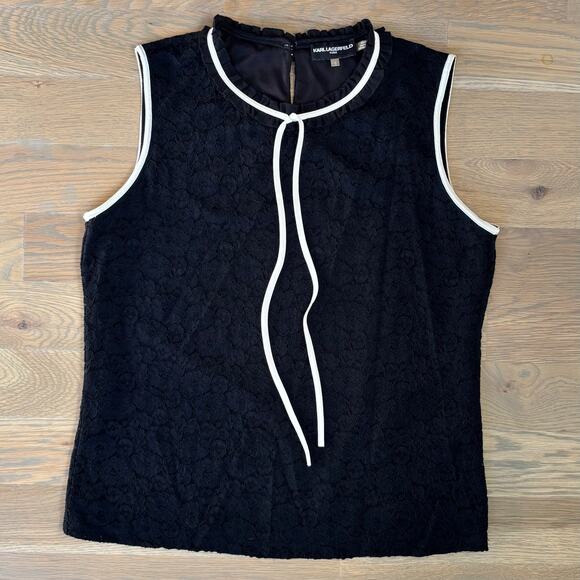 Karl Lagerfeld Paris Black Lace Tank Top Blouse Lined Neck Tie Womens Large - Picture 2 of 9